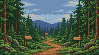 A forest path with three signposts